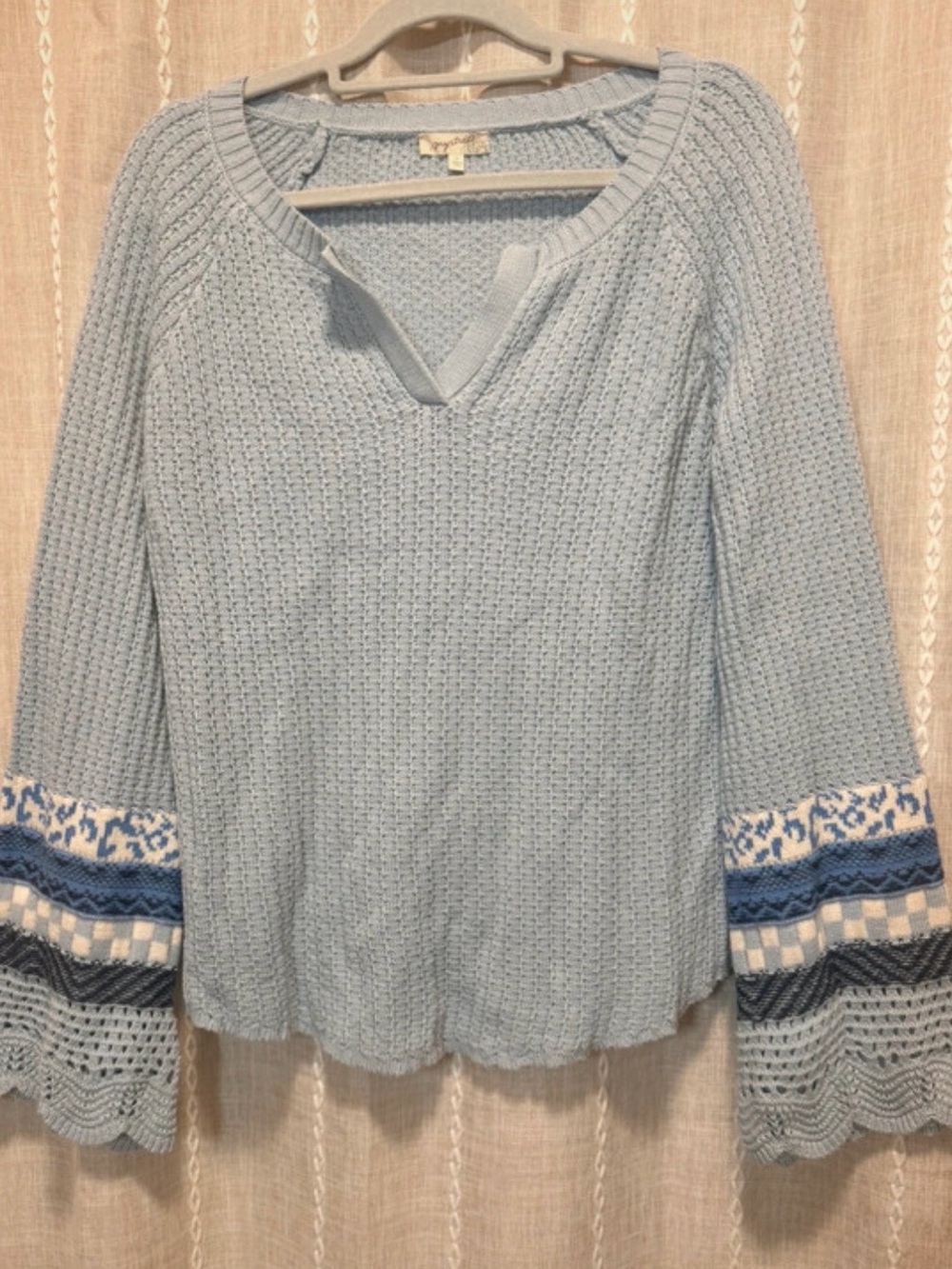 Mystree Light Blue Textured V-Neck Sweater with Patterned Bell Sleeves